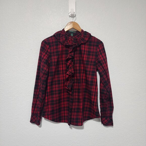 Ralph Lauren Buffalo Plaid Ruffle Shirt Top Button Long Sleeve M Red Holiday - Picture 2 of 9
